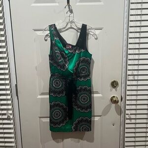 Yoana Baraschi Emerald Silk Dress with Black Floral Print